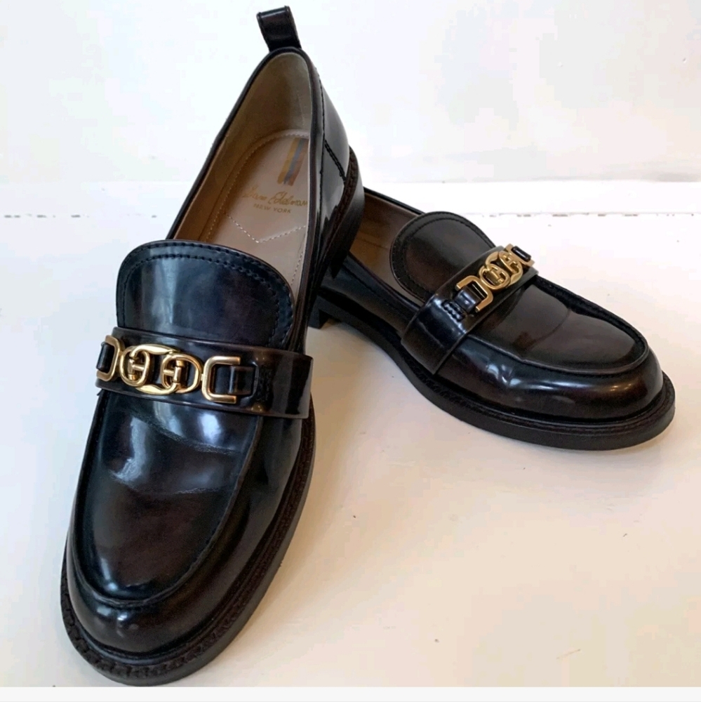 Classic Black Slip-On Loafers with  Gold Accents SIZE 6.5